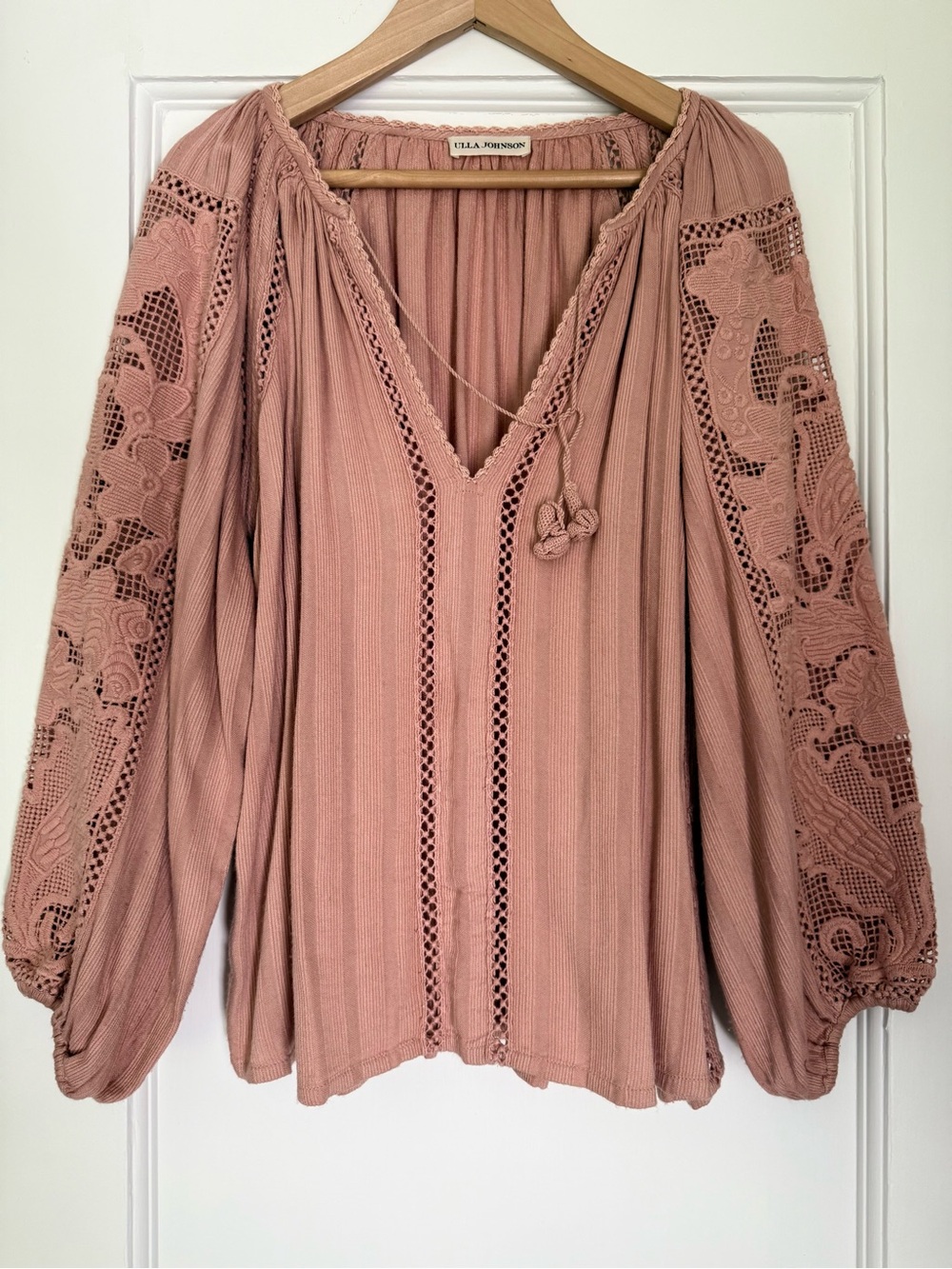Ulla Johnson Blush Pink Boho Crochet-Sleeve Peasant Blouse